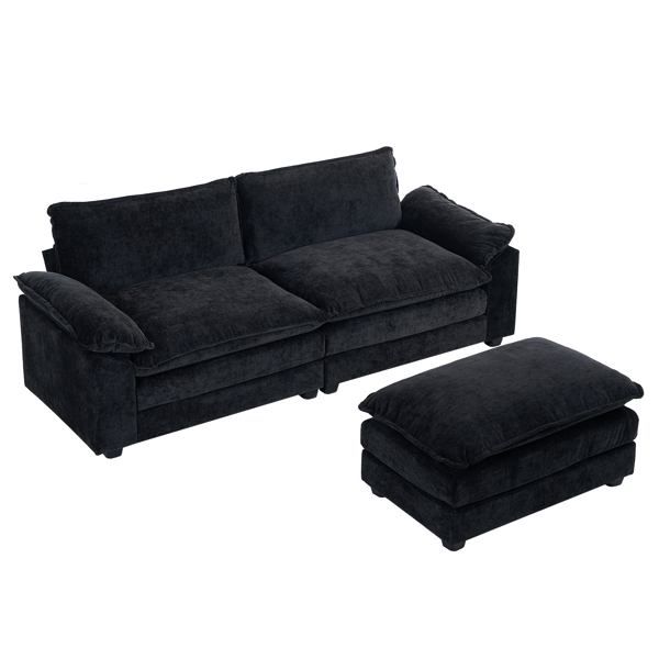217*141*85 Chenille Two-Seater With Footstool Double Bag Indoor Double Sofa Black