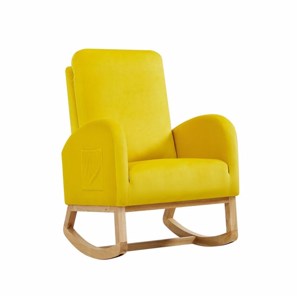 High Back Side Bag Flannelette Wood Indoor Rocking Chair Yellow