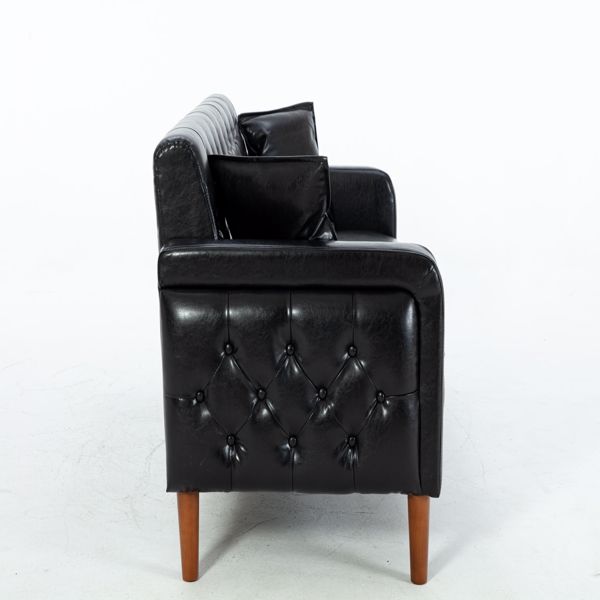 Black PU Leather Sponge Sofa, Indoor Sofa, Removable Wooden Feet, Tufted Buttons