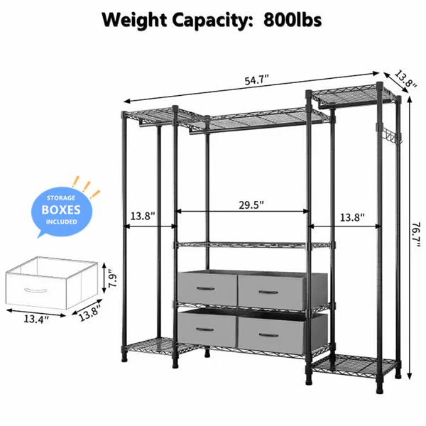 Wire Garment Rack Heavy Duty Clothes Rack，Closet Organizer Metal Garment Rack Portable Clothes Hanger Home Shelf  Fabric Drawers，Freestanding Closet Wardrobe，Black