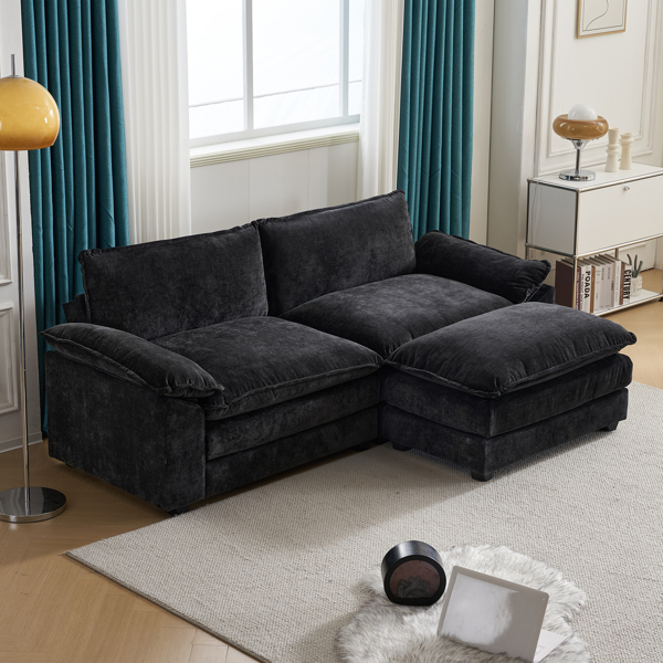 217*141*85 Chenille Two-Seater With Footstool Double Bag Indoor Double Sofa Black