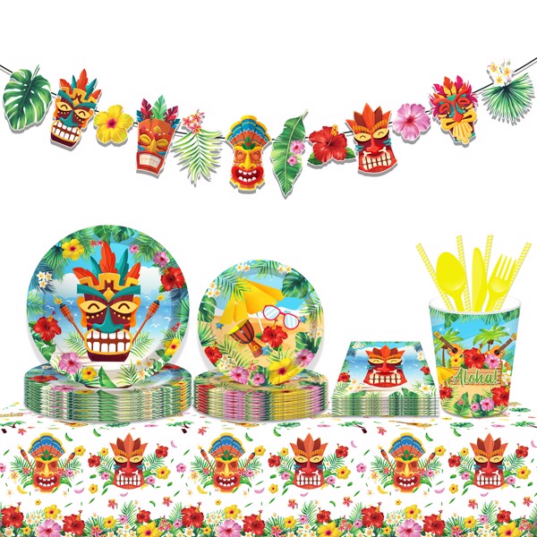 Hawaiian Paper Plates Birthday Party Leaf Flower Plates and Napkins Party Supplies Baby Shower Theme Cutlery Set Serves 8 Guests Dinnerware Kit Tableware for Plates, Napkins, Cup 68PCS