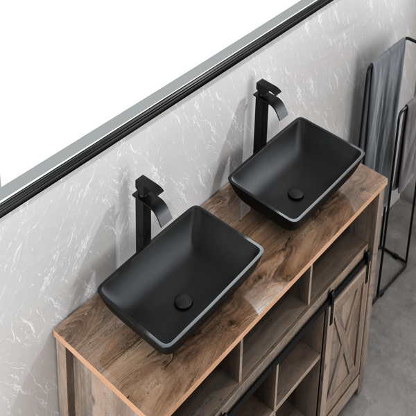 14.38" L -22.25" W -4.38" H Matte Shell  Glass Rectangular Vessel Bathroom Sink in Black with  Faucet and Pop-Up Drain in Matte Black