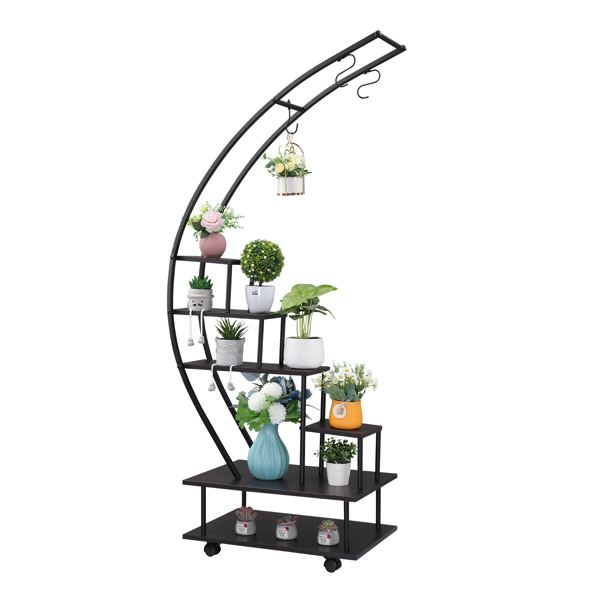  6 Tiers Semicircular Iron Wood With Wheels Iron Planter Black