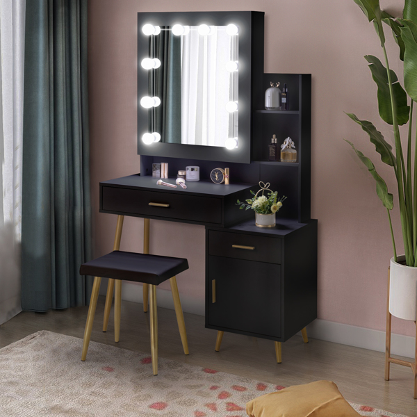  Particleboard Triamine Veneer 2 Drawers 1 Door 2 Shelves Mirror Cabinet 3 Light Bulbs Dressing Table Set Black