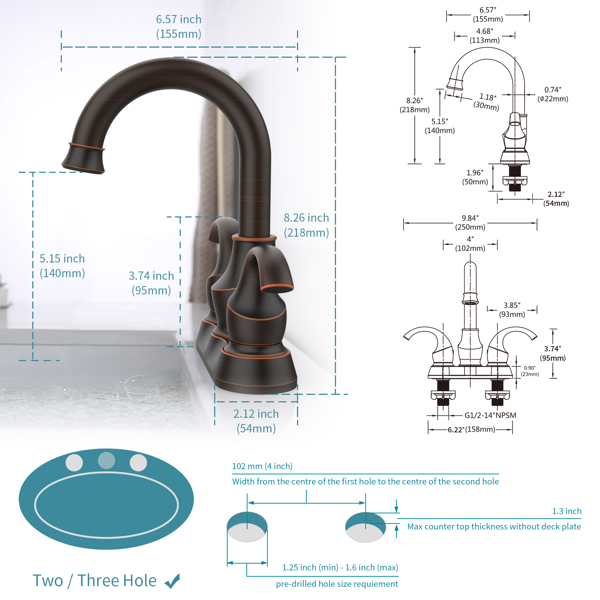 Oil Rubbed Bronze Bathroom Faucet with 2-Handle and 360 Degree Rotating Spout, Crescent Moon Style 4-inch Centerset Vanity Sink with Pop-Up Drain and Supply Hoses, FR4090-ORB
