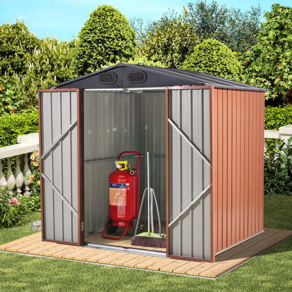 8 x 6 FT Outdoor Garden Galvanized Steel Storage Shed, Outside Metal Tool Storage House with Lockable Door for Patio, Backyard, Brown