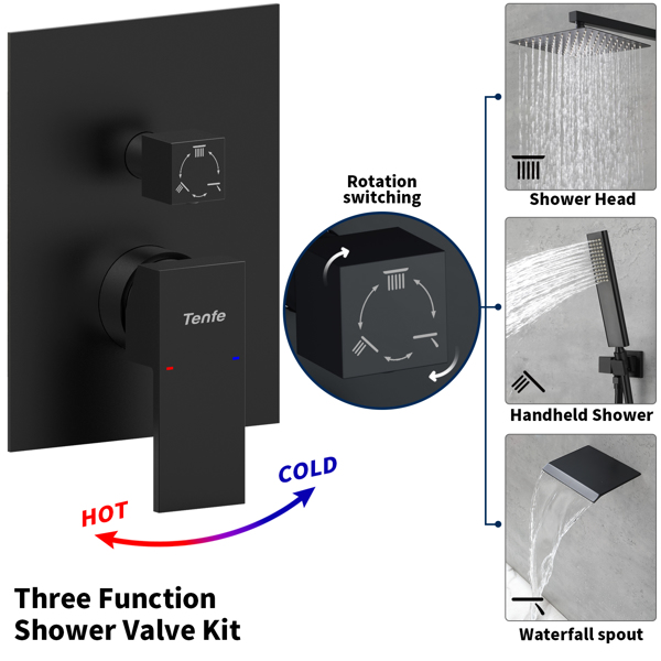 Male NPT Shower Faucet Set, Waterfall Shower System for Bathroom, High Pressure 10" Rain Shower Head and Handheld Shower Spray, Wall Mount Tub Faucet Shower Valve with Trim and Diverter, Matte Black[U