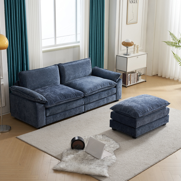 217*141*85 Chenille Two-Seater With Footstool Double Bag Indoor Double Sofa Gray Blue