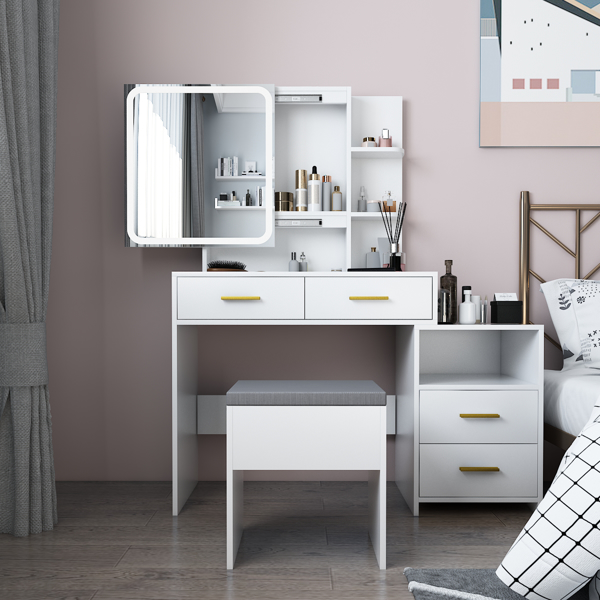 FCH Particleboard Triamine Veneer 4 Drawers 1 Storage Cabinet 2 Shelves Mirror Cabinet Dressing Table Set Led Three-Tone Light White