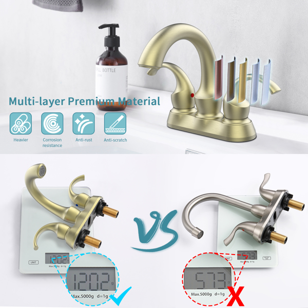 Bathroom Faucet 2-Handle Brushed Gold with Aerator, Swan Style 4-inch Centerset Vanity Sink with Pop-Up Drain and Supply Hoses, FR4075-BG