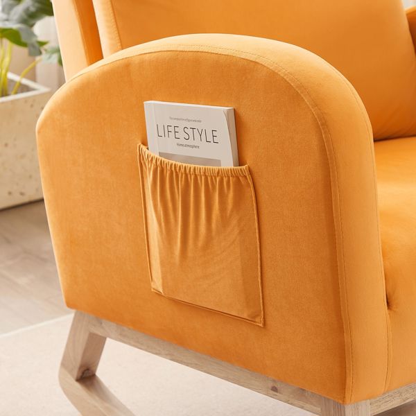 High Back Side Bag Flannelette Wood Indoor Rocking Chair Orange