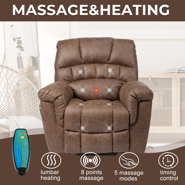 Tech Cloth With 8-Point Massage Heating Function Large Power Lift Lounge Chair Brown