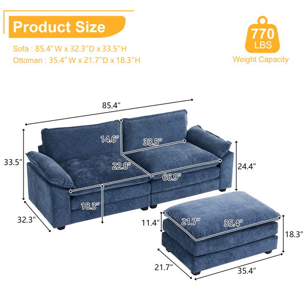 217*141*85 Chenille Two-Seater With Footstool Double Bag Indoor Double Sofa Gray Blue
