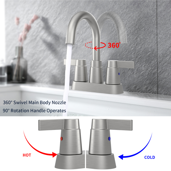 Bathroom Faucet Brushed Nickel 2-Handle Bathroom Sink Faucet 360 Degree High Arc Swivel Spout Centerset 4 Inch Vanity Faucet RV Bathroom Faucet 3 Holes Lavatory Faucet [pop-up drain and hose not inclu