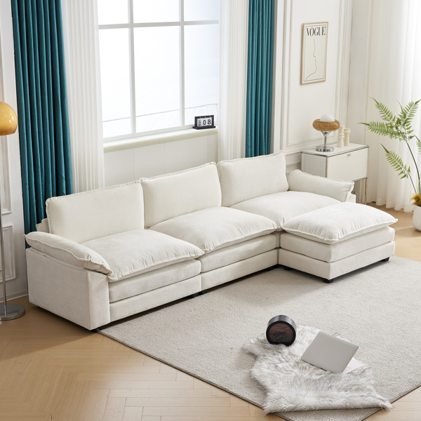 305*141*85 Chenille 3-Seater With Footstool Double Bag Indoor Modular Sofa Off White