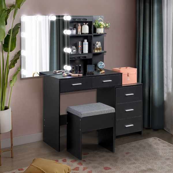 FCH Particleboard Triamine Veneer 5 Pumps 2 Shelves Mirror Cabinet Three Dimming Light Bulb Dressing Table Set Black