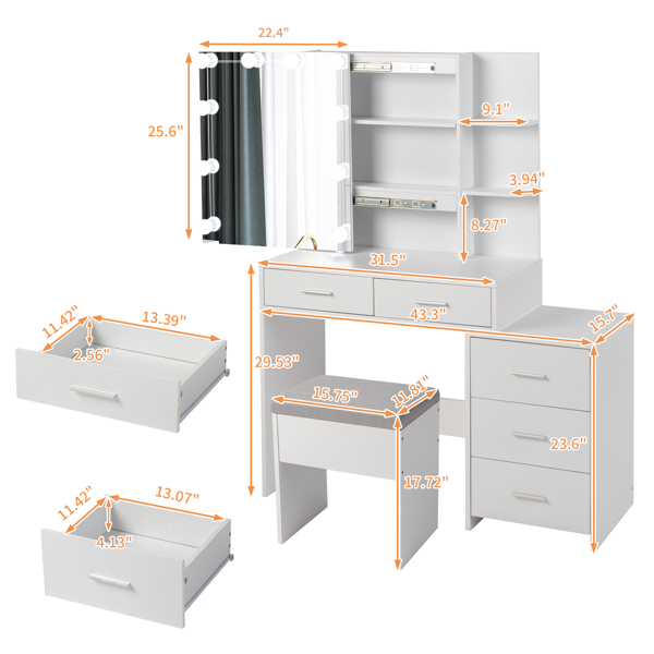 FCH Particleboard Triamine Veneer 5 Pumps 2 Shelves Mirror Cabinet Three Dimming Light Bulb Dressing Table Set White