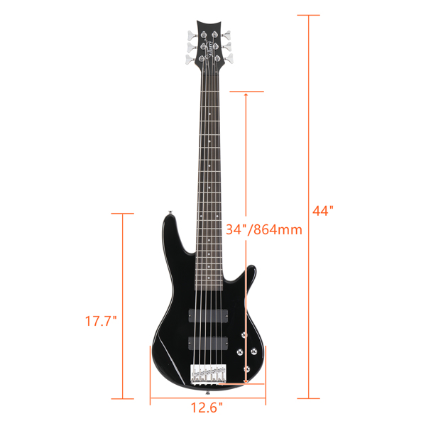 [Do Not Sell on Amazon]Glarry Full Size GIB 6 String H-H Pickup Electric Bass Guitar Bag Strap Pick Connector Wrench Tool Black