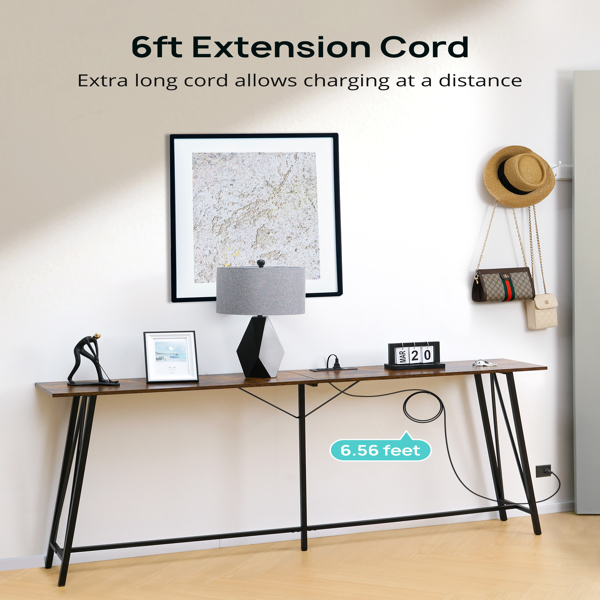 EVAJOY 70.9”Console Table,  Industrial Sofa Table with 3 Outlets and 2 USB Ports