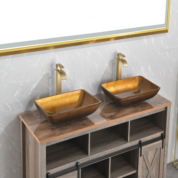 22.25" L -14.25" W -4.5" H Glass Rectangular Vessel Bathroom Sink in Gold  Set with gold Faucet and gold Pop Up Drain