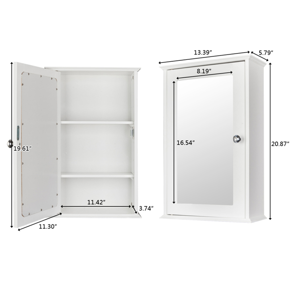 Single Door Mirror Indoor Bathroom Wall Mounted Cabinet Shelf White