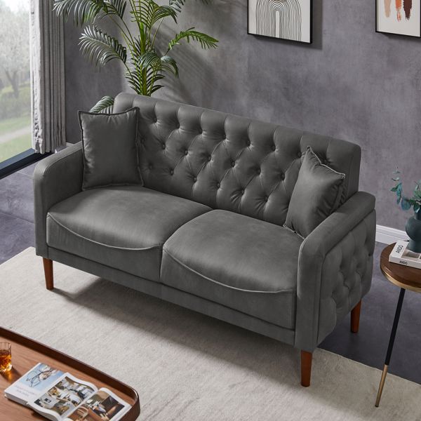 Gray PU Leather Sponge Sofa, Indoor Sofa, Removable Wooden Feet, Tufted Buttons