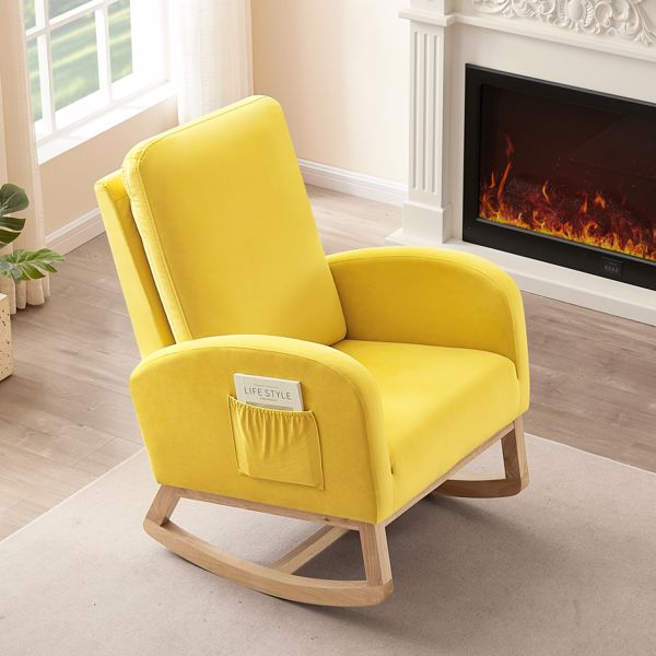 High Back Side Bag Flannelette Wood Indoor Rocking Chair Yellow