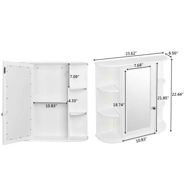 3-tier Single Door Mirror Indoor Bathroom Wall Mounted Cabinet Shelf White