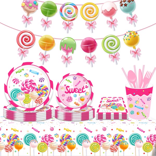 Lollipop Sweet Paper Plates Disposable Colorful Candy Party Supplies Happy Birthday Parties Festival Tableware Kit Serves 8 Guests for Kid Dinner Plates, Napkins, Cups, Knifes, Fork, Spoon 68PCS