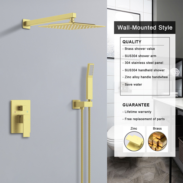 Shower System Shower Faucet Combo Set Wall Mounted with 10" Rainfall Shower Head and handheld shower faucet, Brushed Gold Finish with Brass Valve Rough-In[Unable to ship on weekends, please place orde