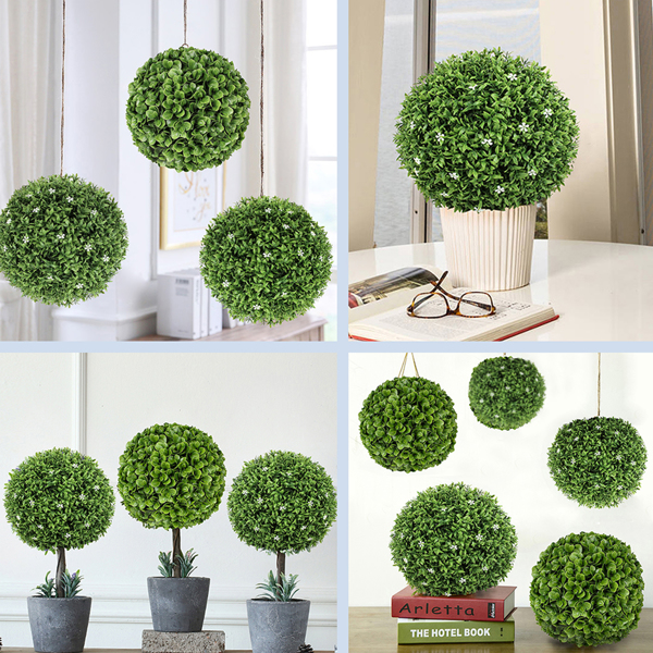 15'' Artificial Boxwood Topiaries,Garden Faux Topiary Ball Plants with White Flower for Indoor or Outdoor Decor
