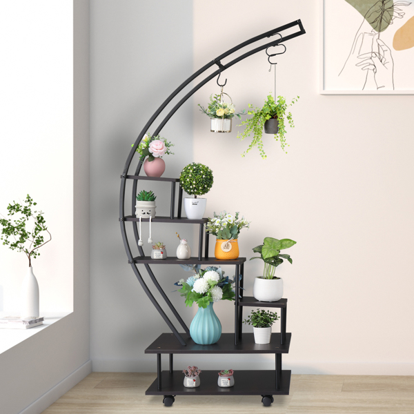  6 Tiers Semicircular Iron Wood With Wheels Iron Planter Black