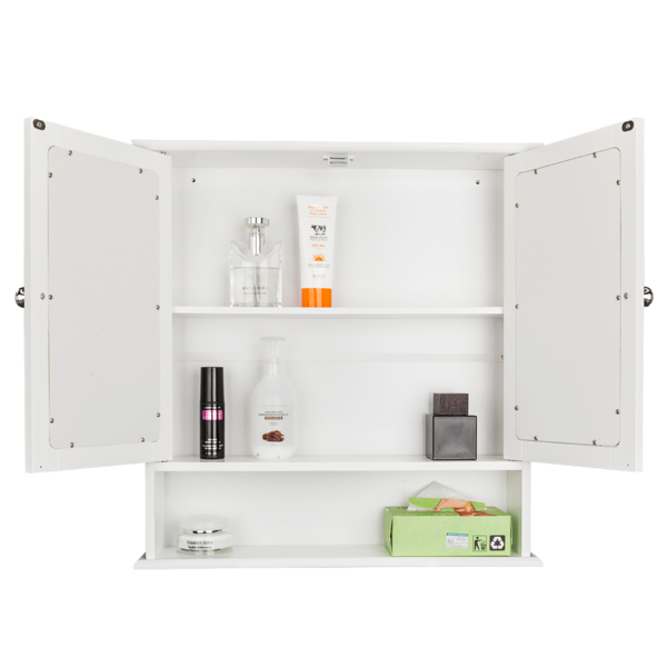 Double Door Mirror Indoor Bathroom Wall Mounted Cabinet Shelf White