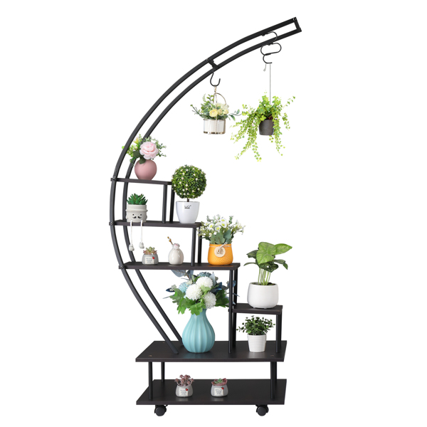  6 Tiers Semicircular Iron Wood With Wheels Iron Planter Black