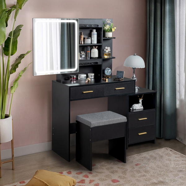 FCH Particleboard Triamine Veneer 4 Drawers 1 Storage Cabinet 2 Shelves Mirror Cabinet Dressing Table Set Led Three-Tone Light Black