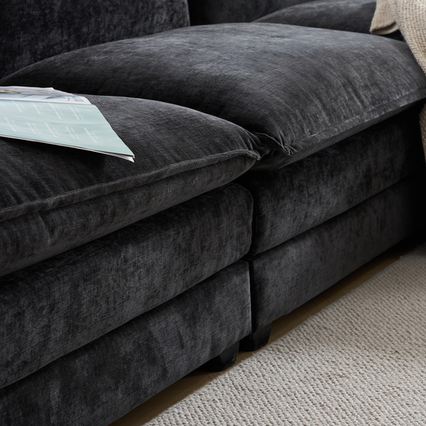 217*141*85 Chenille Two-Seater With Footstool Double Bag Indoor Double Sofa Black