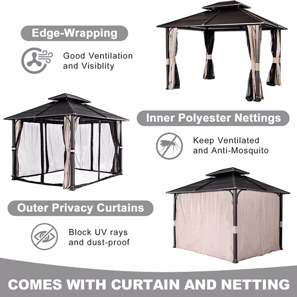 Gazebo 10x12, Outdoor Hardtop Gazebo with Durable Metal Frame, Galvanized Steel Double Top Gazebo With Ventilation, All-Weather Metal Gazebo with Netting and Curtains, For Patios Gardens Lawns