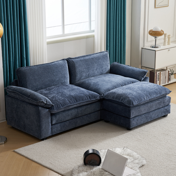 217*141*85 Chenille Two-Seater With Footstool Double Bag Indoor Double Sofa Gray Blue