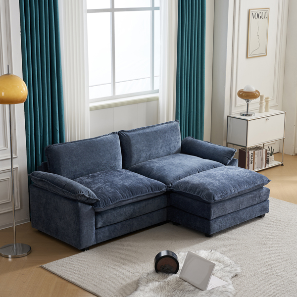 217*141*85 Chenille Two-Seater With Footstool Double Bag Indoor Double Sofa Gray Blue