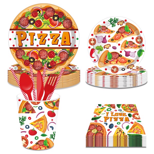 Pizza Paper Plates Color Food Party Plates and Napkins Party Supplie Birthday Disposable Tableware Set Party Dinnerware Serves 8 Guests for Plates, Napkins, Cups 68PCS