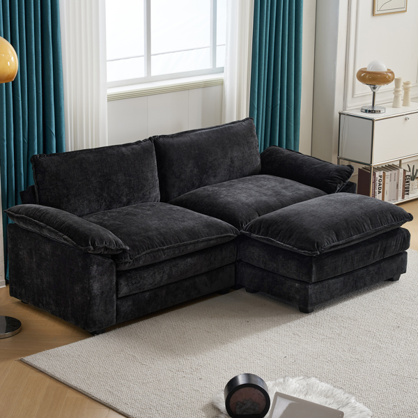 217*141*85 Chenille Two-Seater With Footstool Double Bag Indoor Double Sofa Black