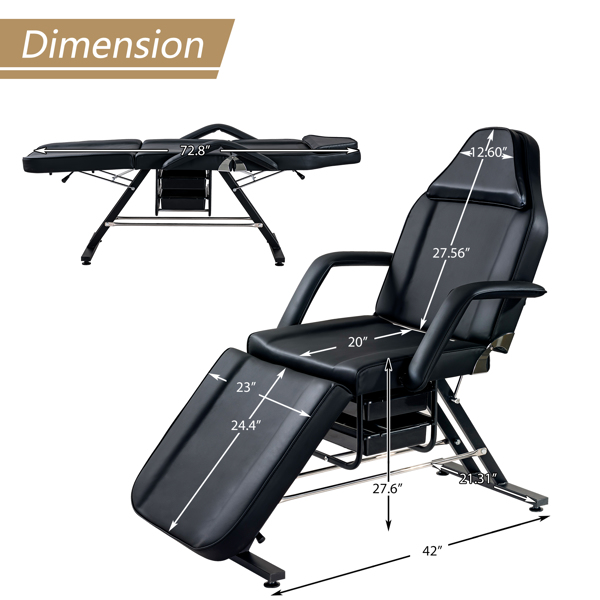 Massage Salon Tattoo Chair with Two Trays Esthetician Bed with Hydraulic Stool, Multi-Purpose 3-Section Facial Bed Table,  Adjustable Beauty Barber Spa Beauty Equipment, Black