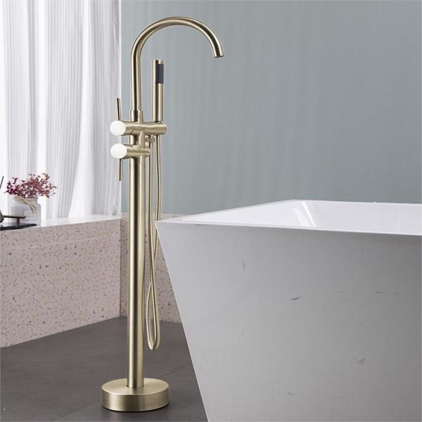 Floor Mount Bathtub Faucet Freestanding Tub Filler Brushed Gold Standing High Flow Shower Faucets with Handheld Shower Mixer Taps Swivel Spout[Unable to ship on weekends, please place orders with caut