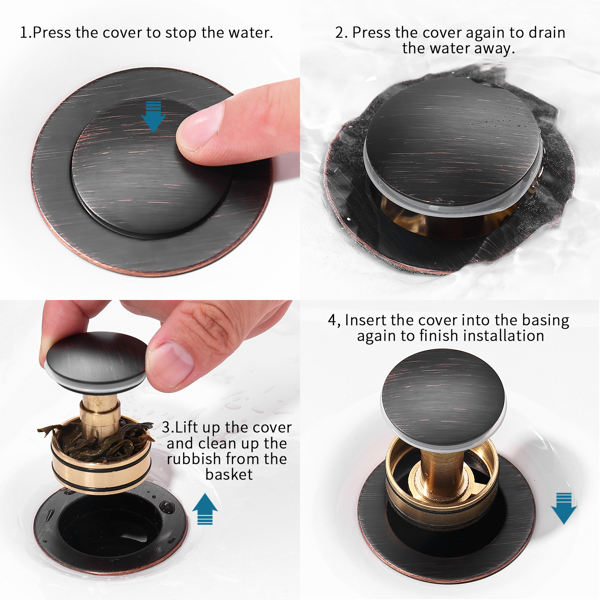 弹出式不锈钢排水管，带溢流防堵塞，用于容器水槽盥洗室洗手盆排水管，带有滤网篮，油布青铜【周末不发货，TK/TEMU订单仅支持自提】-7