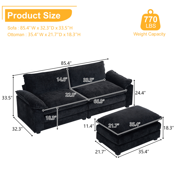 217*141*85 Chenille Two-Seater With Footstool Double Bag Indoor Double Sofa Black