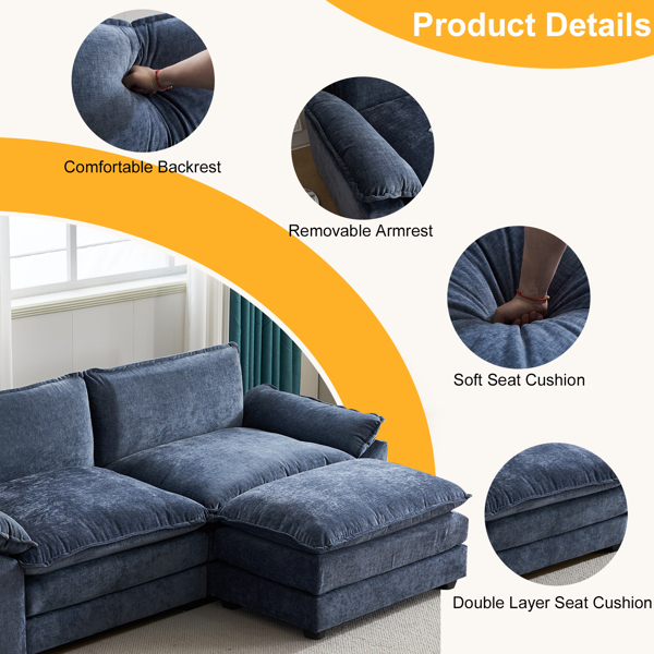 217*141*85 Chenille Two-Seater With Footstool Double Bag Indoor Double Sofa Gray Blue