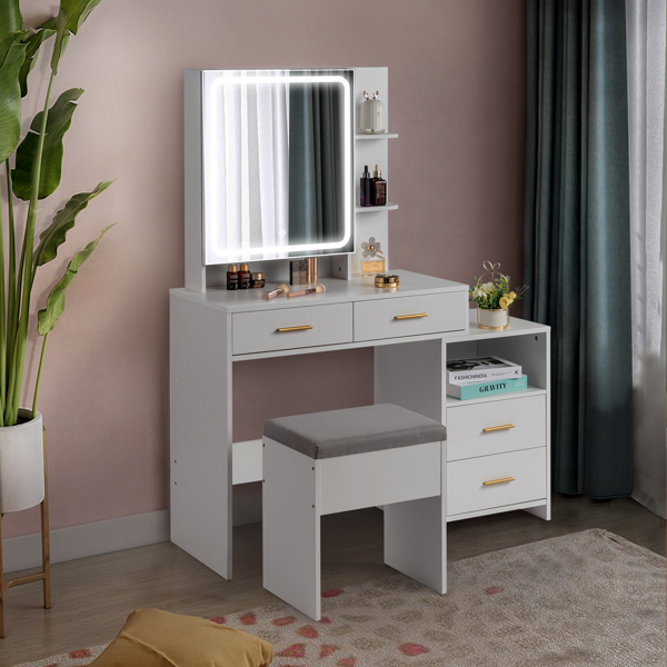 FCH Particleboard Triamine Veneer 4 Drawers 1 Storage Cabinet 2 Shelves Mirror Cabinet Dressing Table Set Led Three-Tone Light White