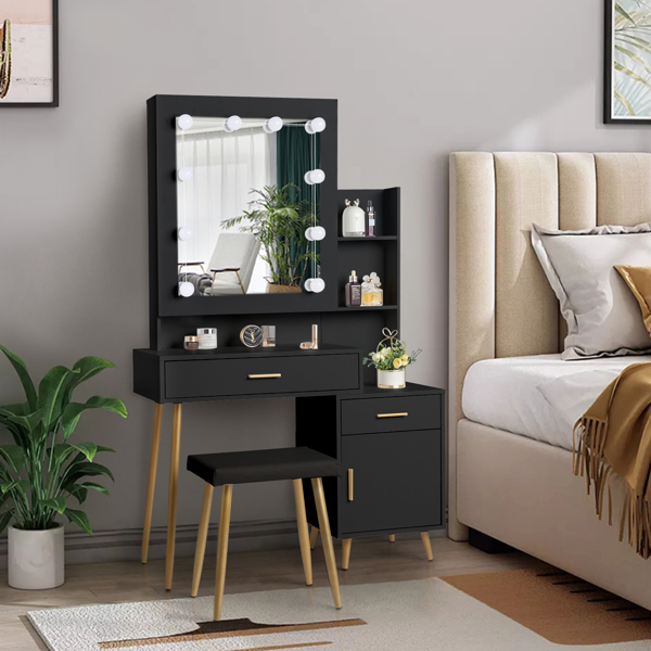  Particleboard Triamine Veneer 2 Drawers 1 Door 2 Shelves Mirror Cabinet 3 Light Bulbs Dressing Table Set Black