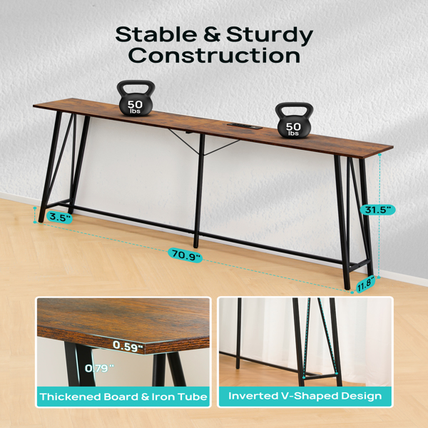 EVAJOY 70.9”Console Table,  Industrial Sofa Table with 3 Outlets and 2 USB Ports